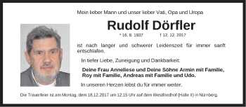 Traueranzeige von Rudolf Dörfler von Gesamtausgabe Nürnberger Nachrichten/ Nürnberger Ztg.