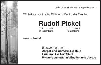 Traueranzeige von Rudolf Pickel von Gesamtausgabe Nürnberger Nachrichten/ Nürnberger Ztg.