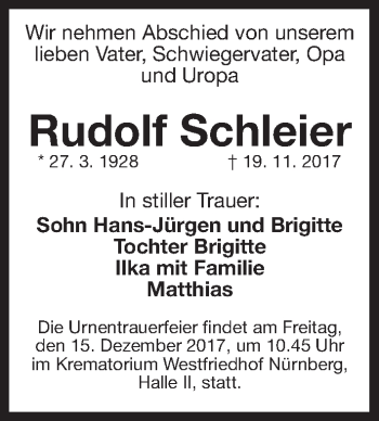 Traueranzeige von Rudolf Schleier von Gesamtausgabe Nürnberger Nachrichten/ Nürnberger Ztg.
