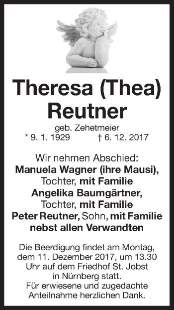Traueranzeige von Theresa Reutner von Gesamtausgabe Nürnberger Nachrichten/ Nürnberger Ztg.
