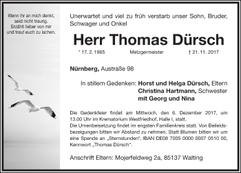 Traueranzeige von Thomas Dürsch von Gesamtausgabe Nürnberger Nachrichten/ Nürnberger Ztg.