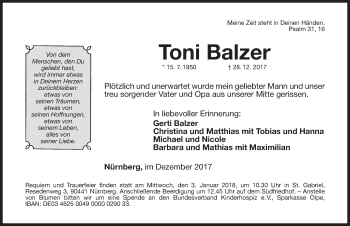 Traueranzeige von Toni Balzer von Gesamtausgabe Nürnberger Nachrichten/ Nürnberger Ztg.