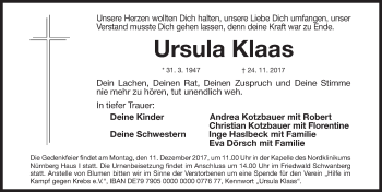 Traueranzeige von Ursula Klaas von Fürther Nachrichten Lokal