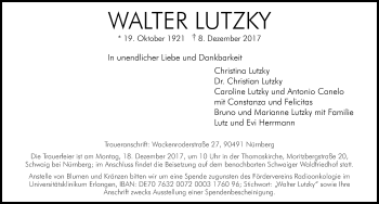 Traueranzeige von Walter Lutzky von Gesamtausgabe Nürnberger Nachrichten/ Nürnberger Ztg.