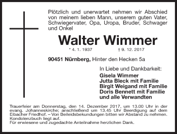 Traueranzeige von Walter Wimmer von Gesamtausgabe Nürnberger Nachrichten/ Nürnberger Ztg.