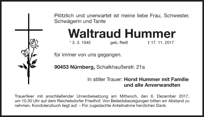  Traueranzeige für Waltraud Hummer vom 02.12.2017 aus Gesamtausgabe Nürnberger Nachrichten/ Nürnberger Ztg.
