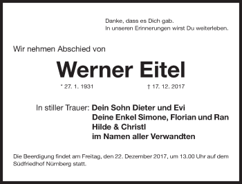 Traueranzeige von Werner Eitel von Gesamtausgabe Nürnberger Nachrichten/ Nürnberger Ztg.