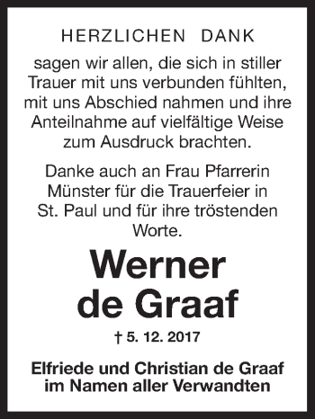 Traueranzeige von Werner de Graaf von Gesamtausgabe Nürnberger Nachrichten/ Nürnberger Ztg.