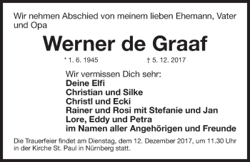 Traueranzeige von Werner de Graaf von Gesamtausgabe Nürnberger Nachrichten/ Nürnberger Ztg.