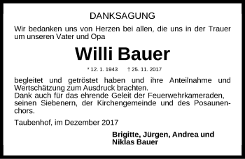 Traueranzeige von Willi Bauer von Fürther Nachrichten Lokal