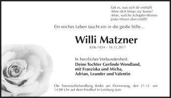 Traueranzeige von Willi Matzner von Gesamtausgabe Nürnberger Nachrichten/ Nürnberger Ztg.