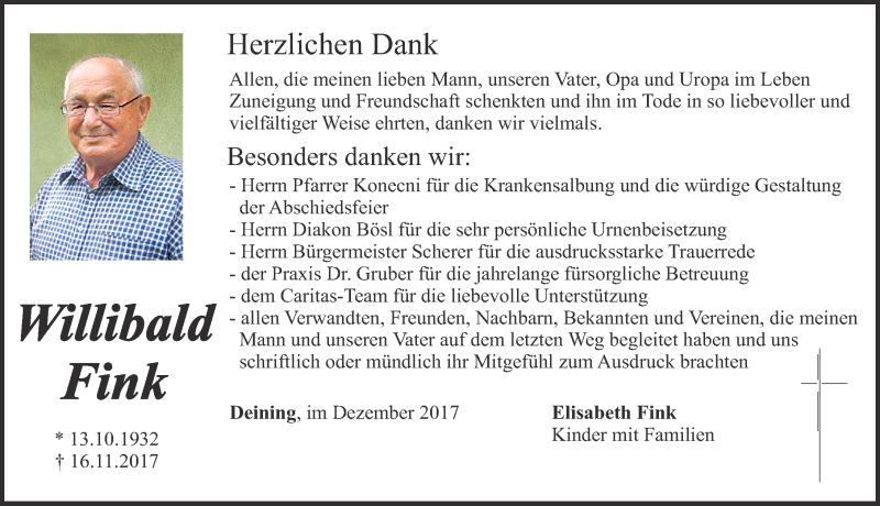  Traueranzeige für Willibald Fink vom 09.12.2017 aus Neumarkter Nachrichten Lokal