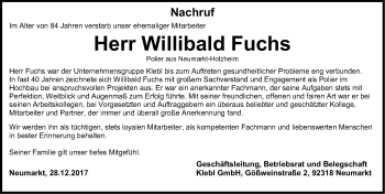 Traueranzeige von Willibald Fuchs von Neumarkter Nachrichten Lokal