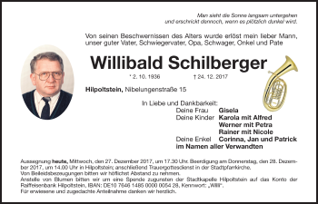 Traueranzeige von Willibald Schilberger von Roth-Hilpoltsteiner Volkszeitung Lokal