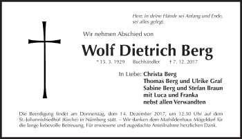 Traueranzeige von Wolf Dietrich Berg von Gesamtausgabe Nürnberger Nachrichten/ Nürnberger Ztg.