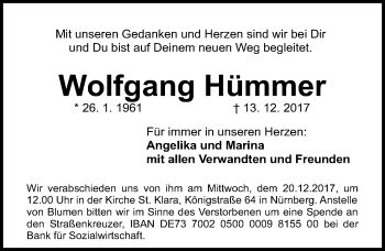 Traueranzeige von Wolfgang Hümmer von Gesamtausgabe Nürnberger Nachrichten/ Nürnberger Ztg.