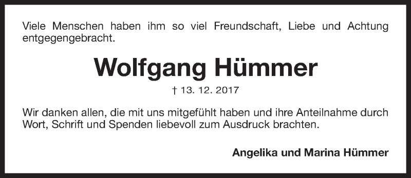  Traueranzeige für Wolfgang Hümmer vom 30.12.2017 aus Gesamtausgabe Nürnberger Nachrichten/ Nürnberger Ztg.