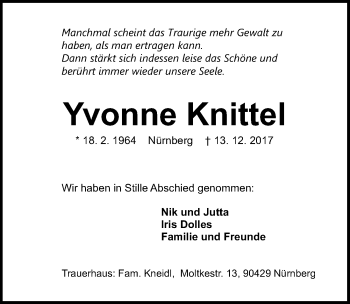 Traueranzeige von Yvonne Knittel von Gesamtausgabe Nürnberger Nachrichten/ Nürnberger Ztg.