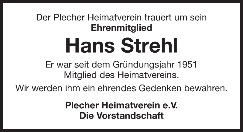  Traueranzeige für Hans Strehl vom 10.02.2017 aus Nordbayerische Nachrichten Pegnitz Lokal