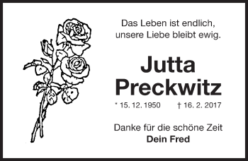 Traueranzeige von Jutta Preckwitz von Gesamtausgabe Nürnberger Nachrichten/ Nürnberger Ztg.