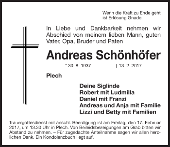 Traueranzeige von Andreas Schönhöfer von Nordbayerische Nachrichten Pegnitz Lokal