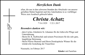 Traueranzeige von Christa Achatz von Neumarkter Nachrichten Lokal