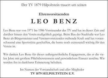 Traueranzeige von Leodegar Benz von Roth-Hilpoltsteiner Volkszeitung Lokal