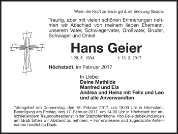 Traueranzeige von Hans Geier von Nordbayerische Nachrichten Herzogenaurach Lokal