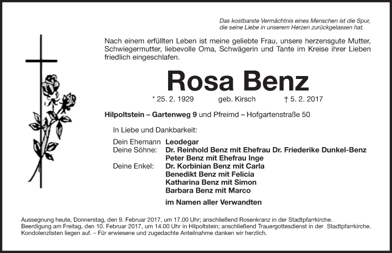  Traueranzeige für Rosa Benz vom 09.02.2017 aus Roth-Hilpoltsteiner Volkszeitung Lokal