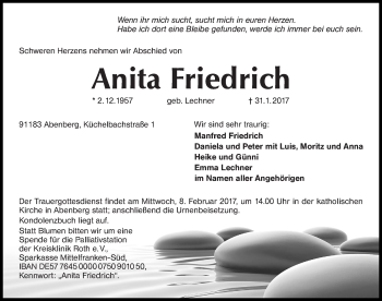 Traueranzeige von Anita Friedrich von Roth-Hilpoltsteiner Volkszeitung Lokal