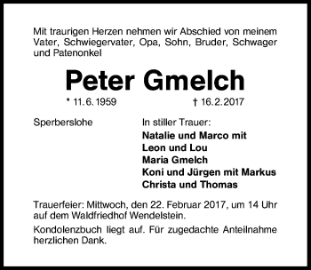 Traueranzeige von Peter Gmelch von Schwabach