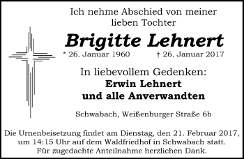 Traueranzeige von Brigitte Lehnert von Schwabach