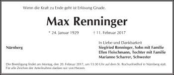 Traueranzeige von Max Renninger von Gesamtausgabe Nürnberger Nachrichten/ Nürnberger Ztg.