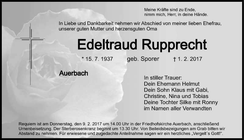  Traueranzeige für Edeltraud Rupprecht vom 04.02.2017 aus Nordbayerische Nachrichten Pegnitz Lokal