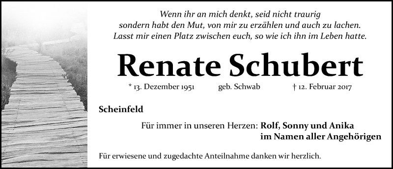  Traueranzeige für Renate Schubert vom 18.02.2017 aus Gesamtausgabe Nürnberger Nachrichten/ Nürnberger Ztg.