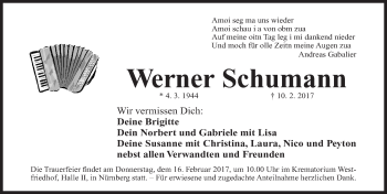 Traueranzeige von Werner Schumann von Gesamtausgabe Nürnberger Nachrichten/ Nürnberger Ztg.