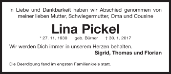 Traueranzeige von Lina Pickel von Gesamtausgabe Nürnberger Nachrichten/ Nürnberger Ztg.