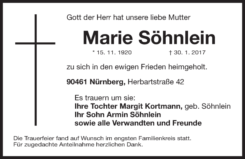  Traueranzeige für Marie Söhnlein vom 11.02.2017 aus Gesamtausgabe Nürnberger Nachrichten/ Nürnberger Ztg.
