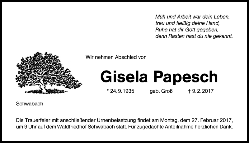  Traueranzeige für Gisela Papesch vom 22.02.2017 aus Schwabach
