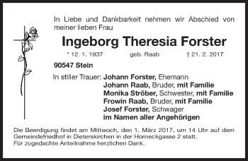 Traueranzeige von Ingeborg Theresia Forster von Gesamtausgabe Nürnberger Nachrichten/ Nürnberger Ztg.