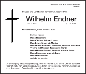 Traueranzeige von Wilhelm Endner von Altmühl-Bote Lokal