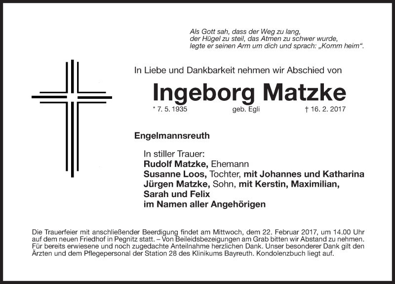  Traueranzeige für Ingeborg Matzke vom 18.02.2017 aus Nordbayerische Nachrichten Pegnitz Lokal