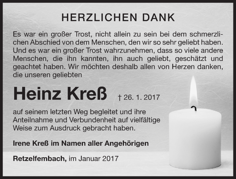  Traueranzeige für Heinz Kreß vom 04.02.2017 aus Fürther Nachrichten Lokal
