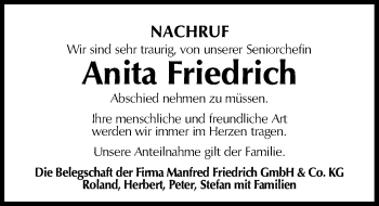Traueranzeige von Anita Friedrich von Schwabach