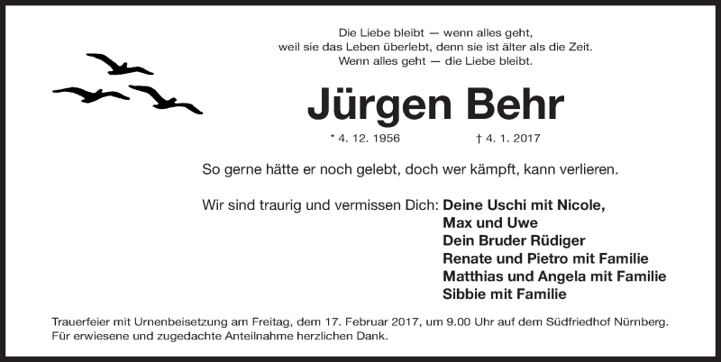  Traueranzeige für Jürgen Behr vom 11.02.2017 aus Gesamtausgabe Nürnberger Nachrichten/ Nürnberger Ztg.