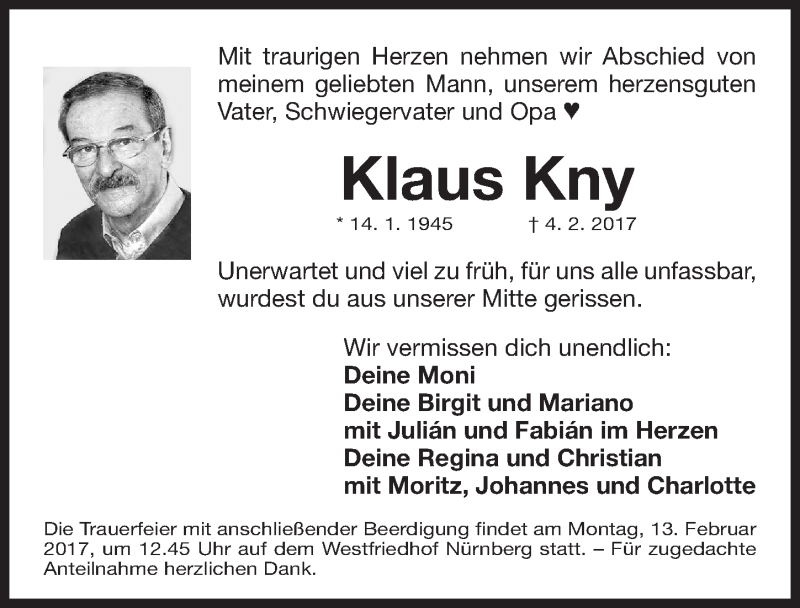  Traueranzeige für Klaus Kny vom 08.02.2017 aus Gesamtausgabe Nürnberger Nachrichten/ Nürnberger Ztg.