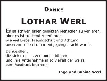 Traueranzeige von Lothar Werl von Gesamtausgabe Nürnberger Nachrichten/ Nürnberger Ztg.