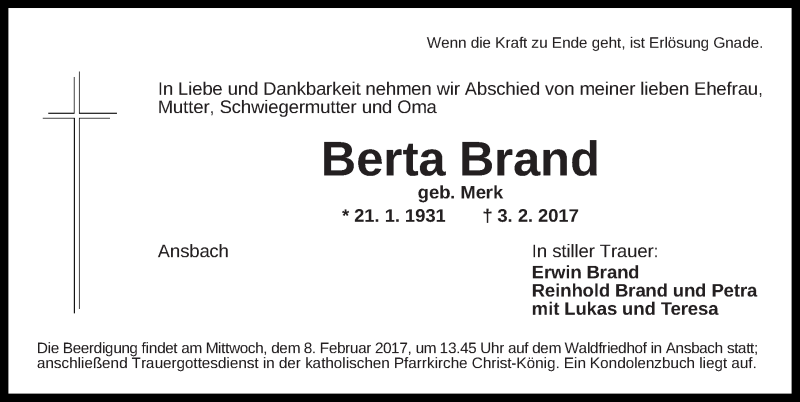  Traueranzeige für Berta Brand vom 07.02.2017 aus Altmühl-Bote Lokal