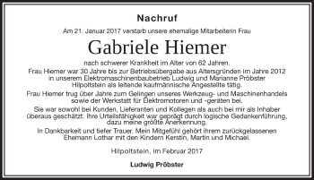 Traueranzeige von Gabriele Hiemer von Roth-Hilpoltsteiner Volkszeitung Lokal