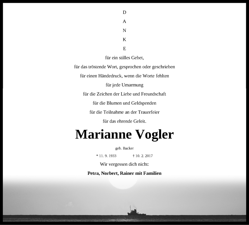  Traueranzeige für Marianne Vogler vom 22.02.2017 aus Nordbayerische Nachrichten Forchheim Lokal